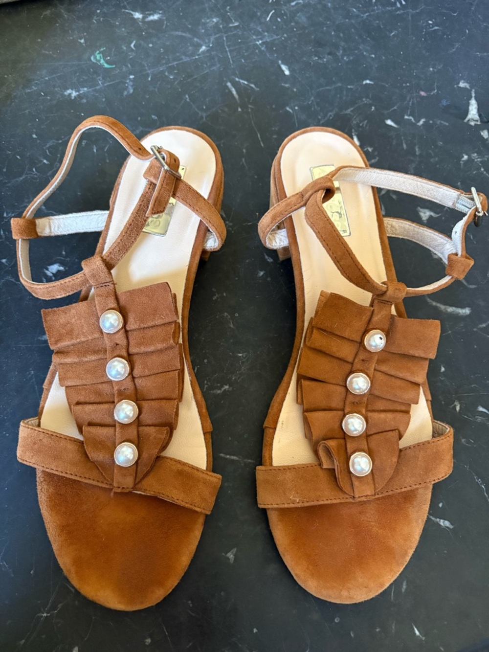 Anthropologie Tan Suede Pearl-Accent Heels